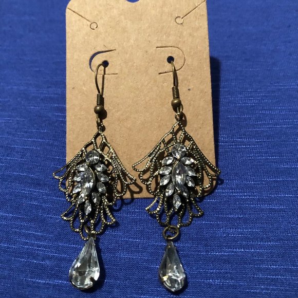 Dazzle Them Gems Jewelry - Antique Gold and Clear Rhinestone Dangle Earrings
